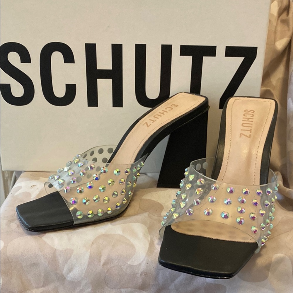 SCHUTZ Black and Clear Studded Heels